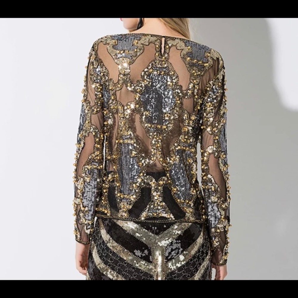 Sequin Lace Mesh Long Sleeve Shirt Top O-Neck - Picture 7 of 8